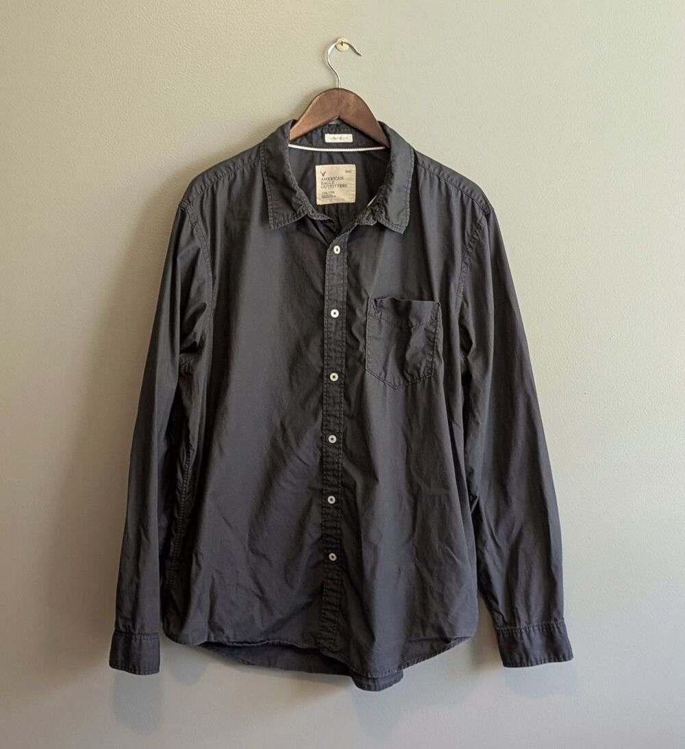 American Eagle Mens XXL Athletic Fit Dark Grey Button Front Collar Shirt Top AE